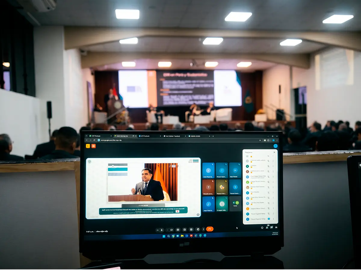 Switcher broadcast máster conmutando cámaras e integrando ponente remoto para proyección en sala presencial y transmisión en vivo a redes sociales